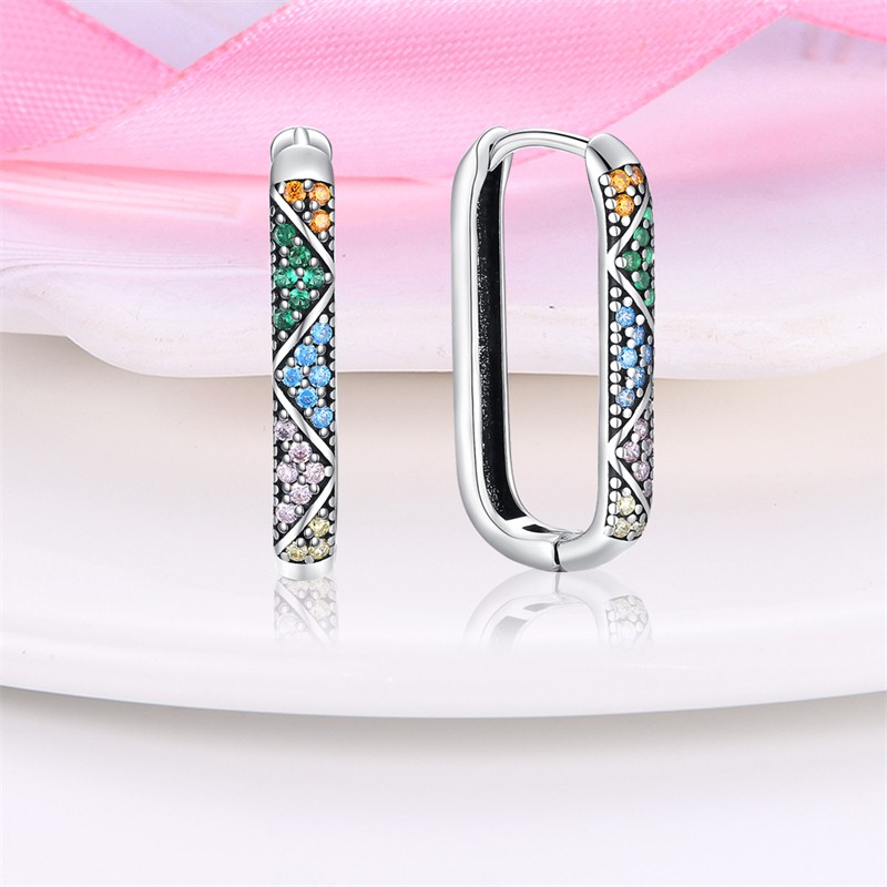 PANDACH 925 Sterling Silver Colorful CZ Geometric U-Shaped Hoop Earrings Womens