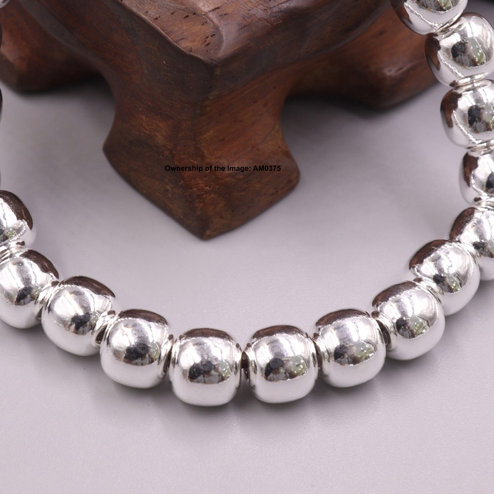 Pure 999 Fine Silver 8mm Barrel Beads Elastic Bracelet DIY Stretch Bracelet