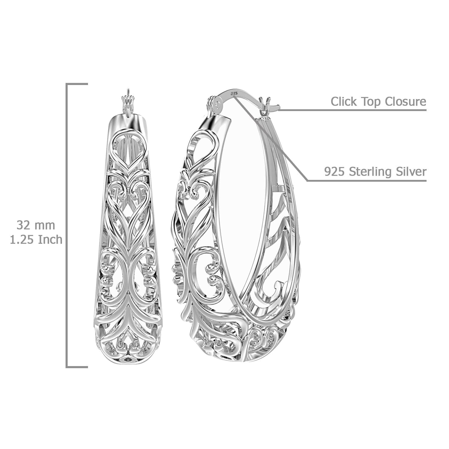 LeCalla 925 Sterling Silver Post Filigree Oval Hoop Earrings for Women 32 mm