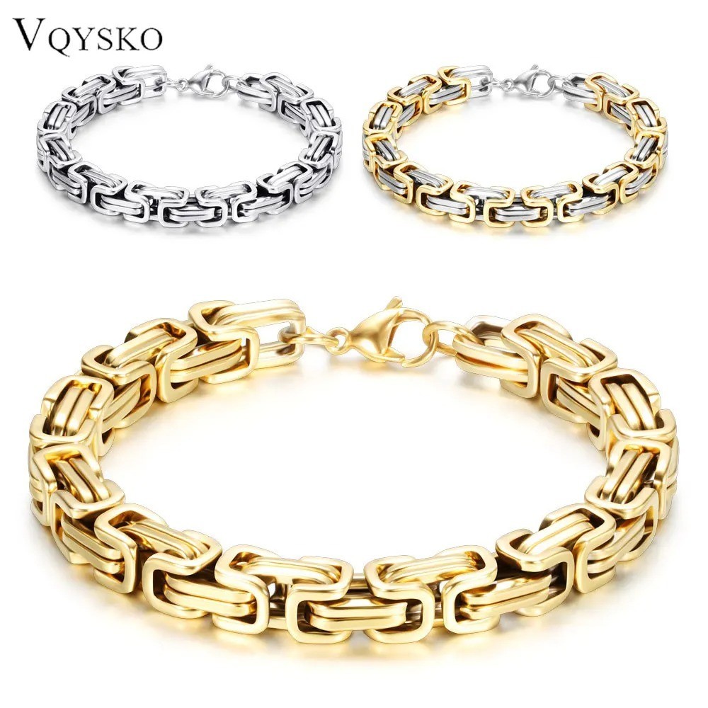 Silver Gold Black Tone Square Byzantine Stainless Steel Bracelet Mens Boys Chain