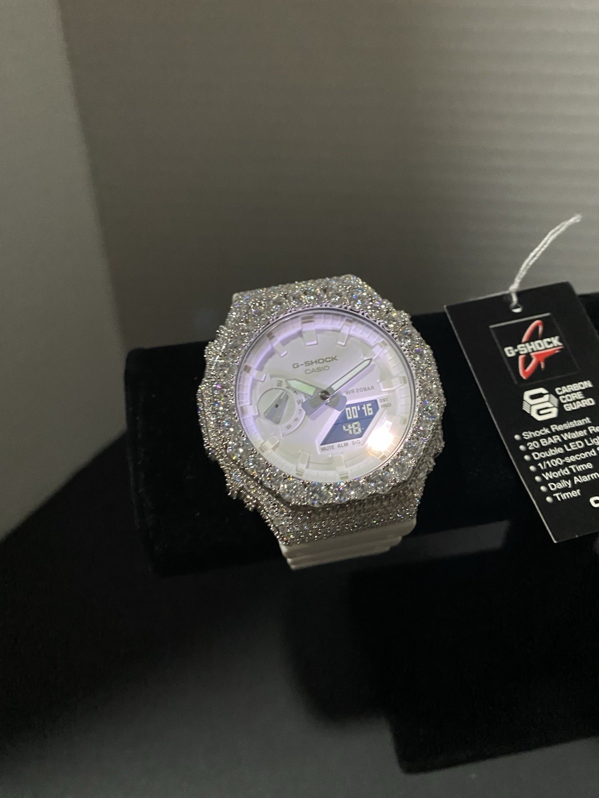 Casio G-SHOCK GA-2100-7A7ER + Custom Moissanite Bezel White Dial Watch