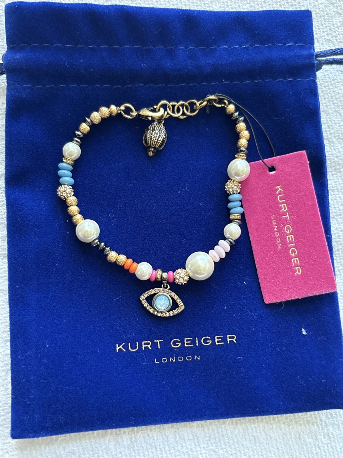 Kurt Geiger LondonBoho Evil Eye Charm Pearl Strand Line Bracelet Multi Color New