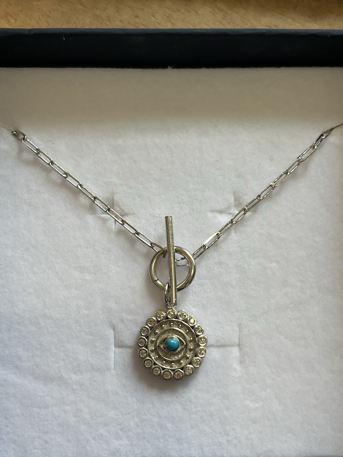 925 Sterling Silver Turquoise Evil Eye 15” Paperclip Link Necklace
