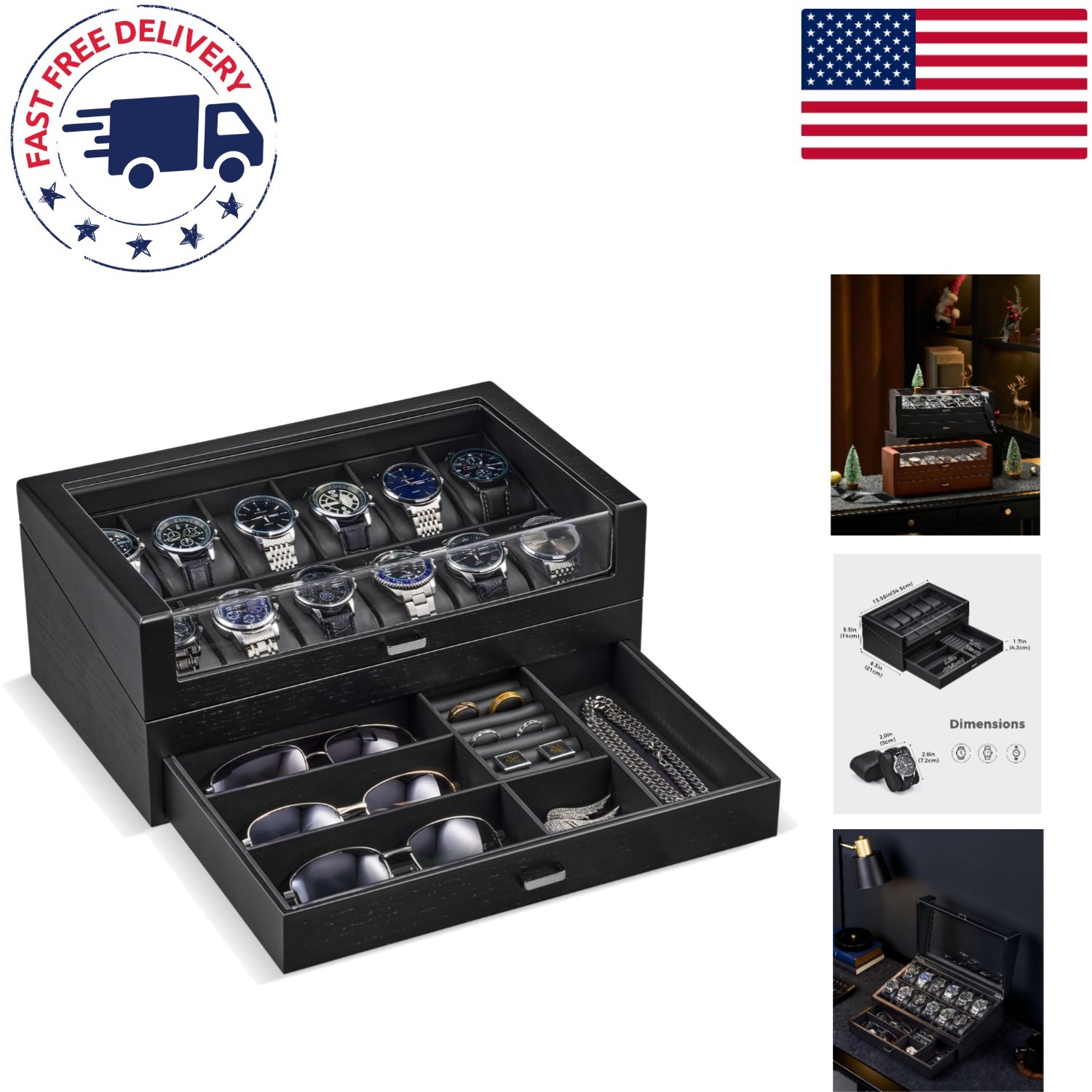 Men’s 12 Slot Wood Watch Organizer with Faux Leather Pillows – Compact Design