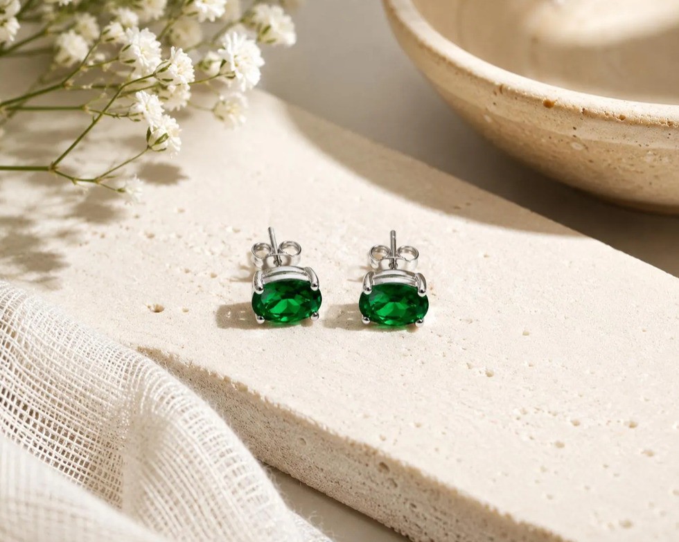 Green Oval Cubic Zirconia Stud Earrings 925 Sterling Silver Gift for Her