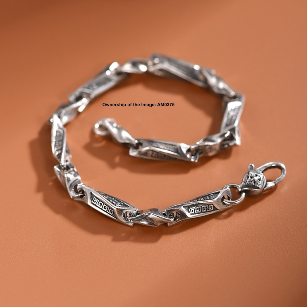 Pure 925 Sterling Silver Bracelet Engraved Six-Word Mantra Twisted Tube Design