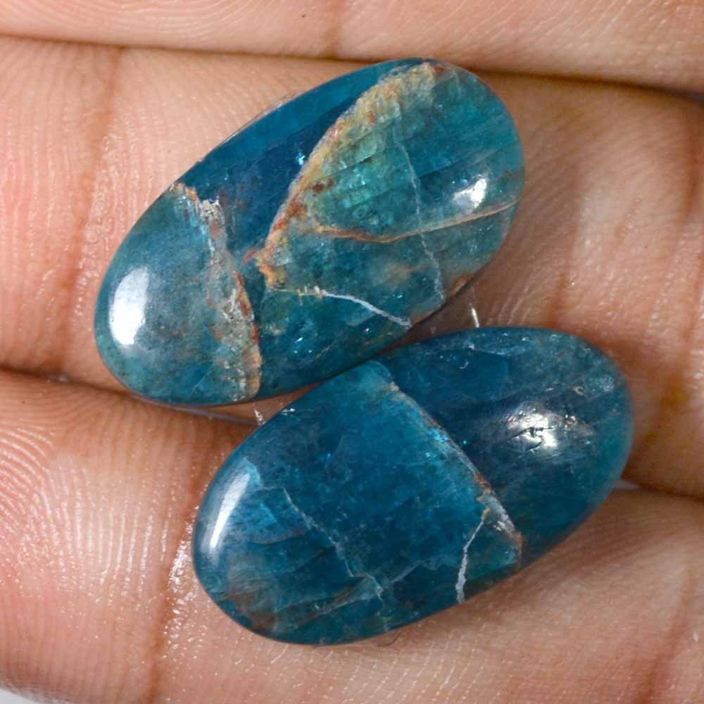 28.15 Cts 100% Natural Blue Apatite Pair Cabochon 12 x 23 mm Loose Gemstone LN57