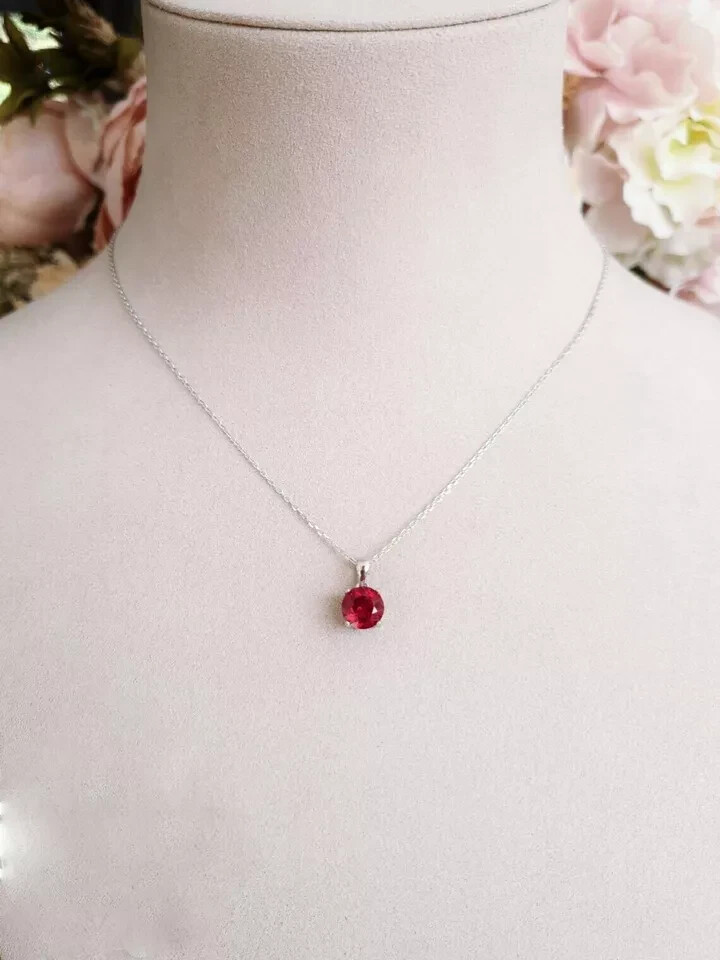 2 CT Round Cut Solitaire Red Ruby Pendant With Free Chain 14K White Gold F