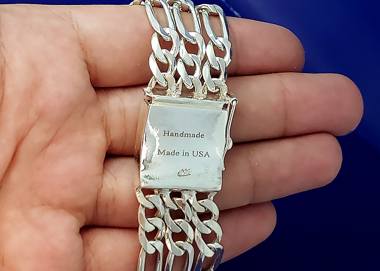 23 mm Solid Heavy Sterling Silver 3 Row Link ID Bracelet 8 Inches 61 Grams
