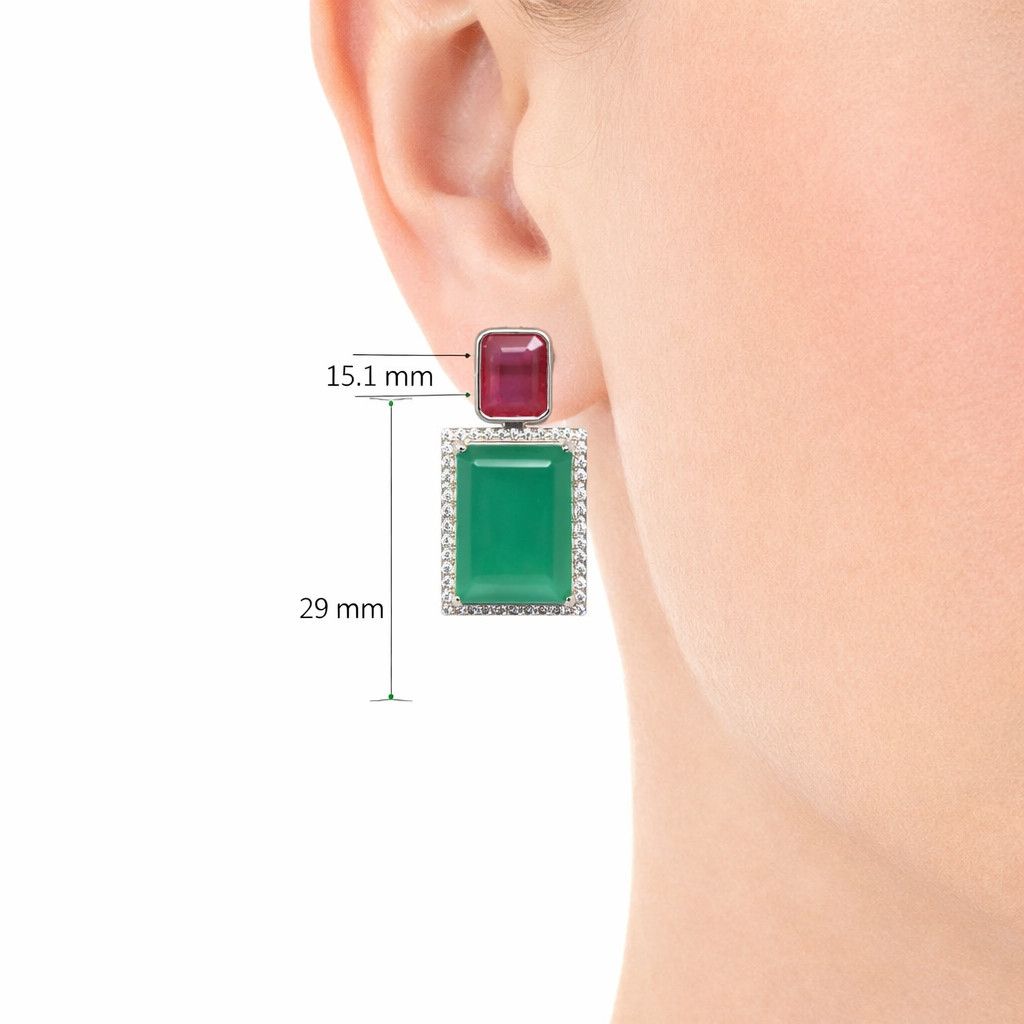 Thai Handmade 12 x 15 mm. Green Agate Ruby Zircon Earrings