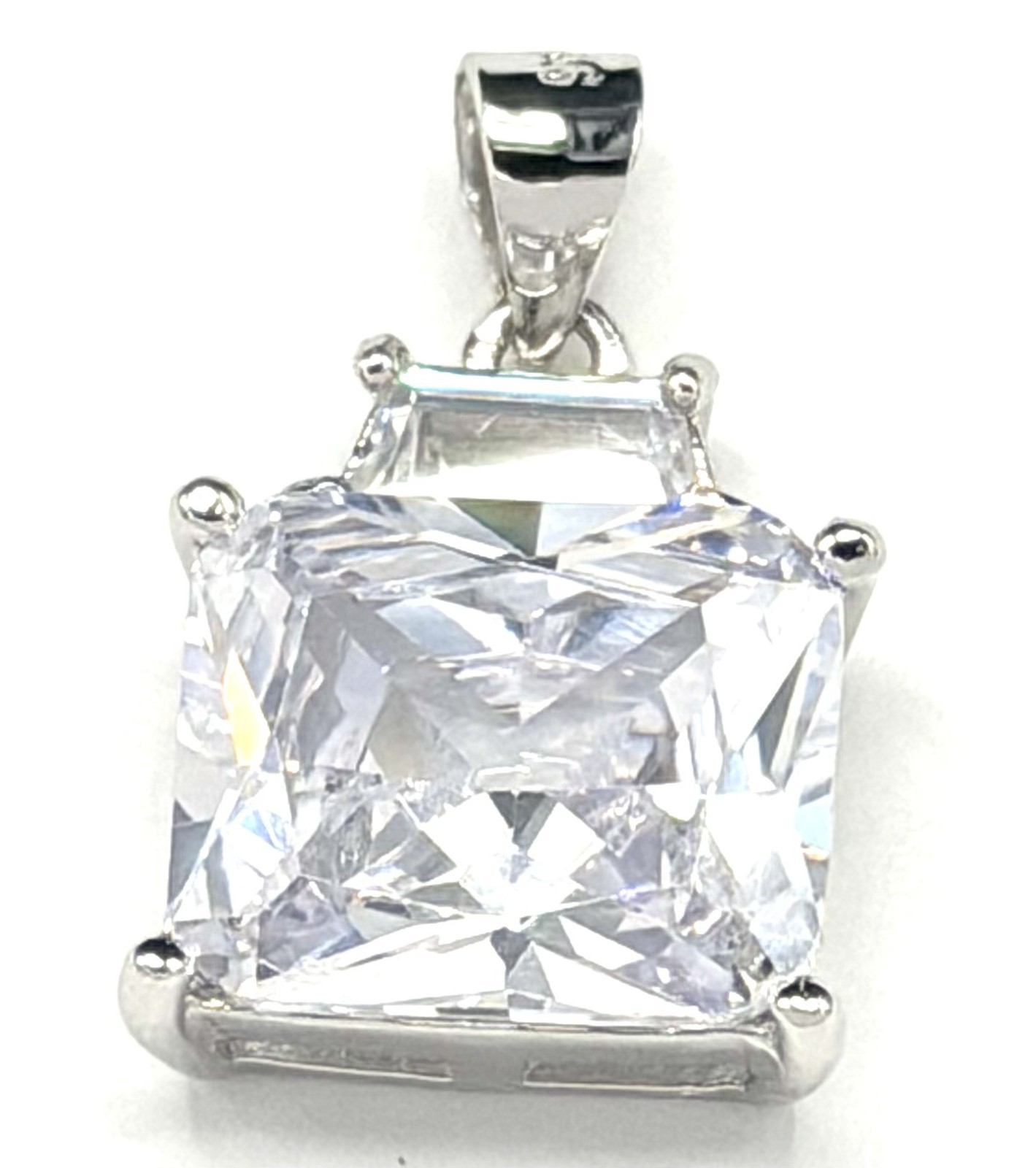 Sterling Silver Princess Cut Clear CZ Square Pendant 0.75″ 4g NWT Gift Box