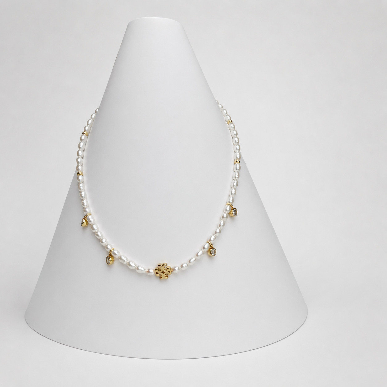 Tory Burch 18k Gold Bezel Crystal Charm Natural Pearl Adjustable Necklace NEW