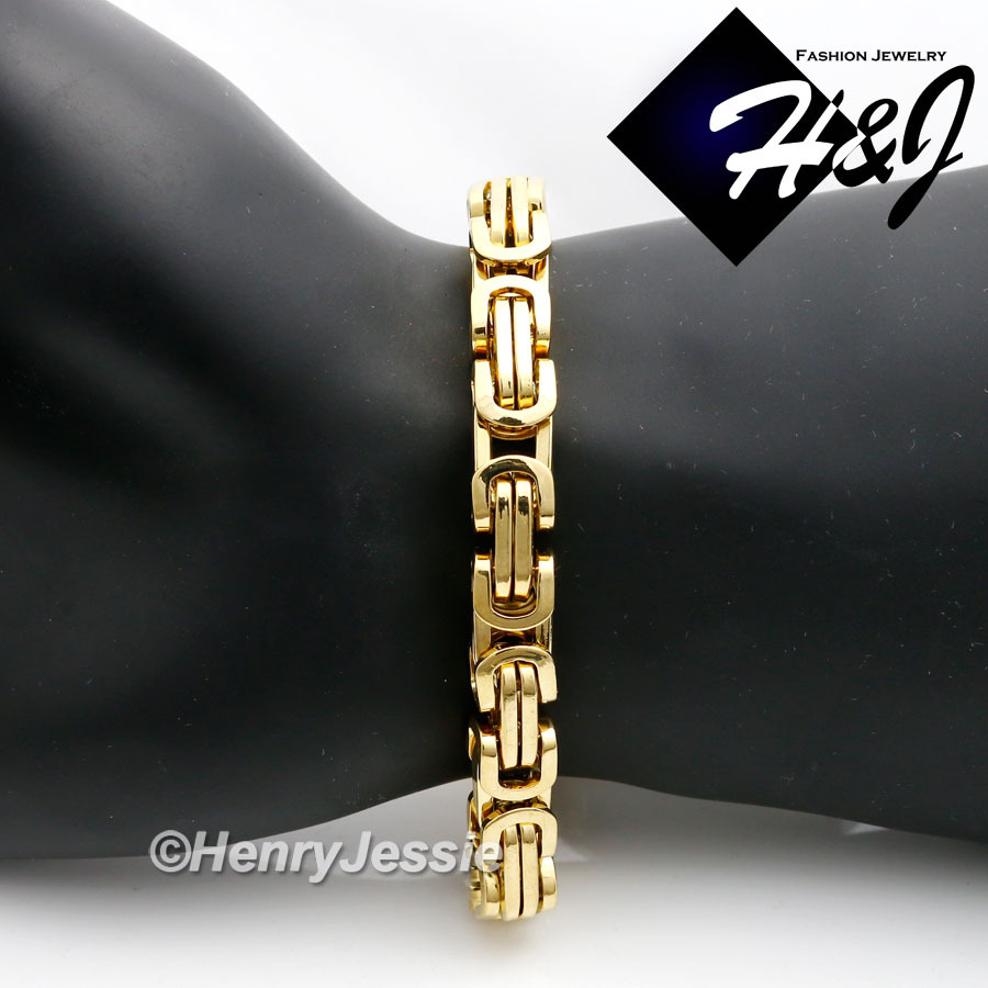 7.5″-11″MEN Stainless Steel 9mm Gold Plated Byzantine Box Link Chain Bracelet