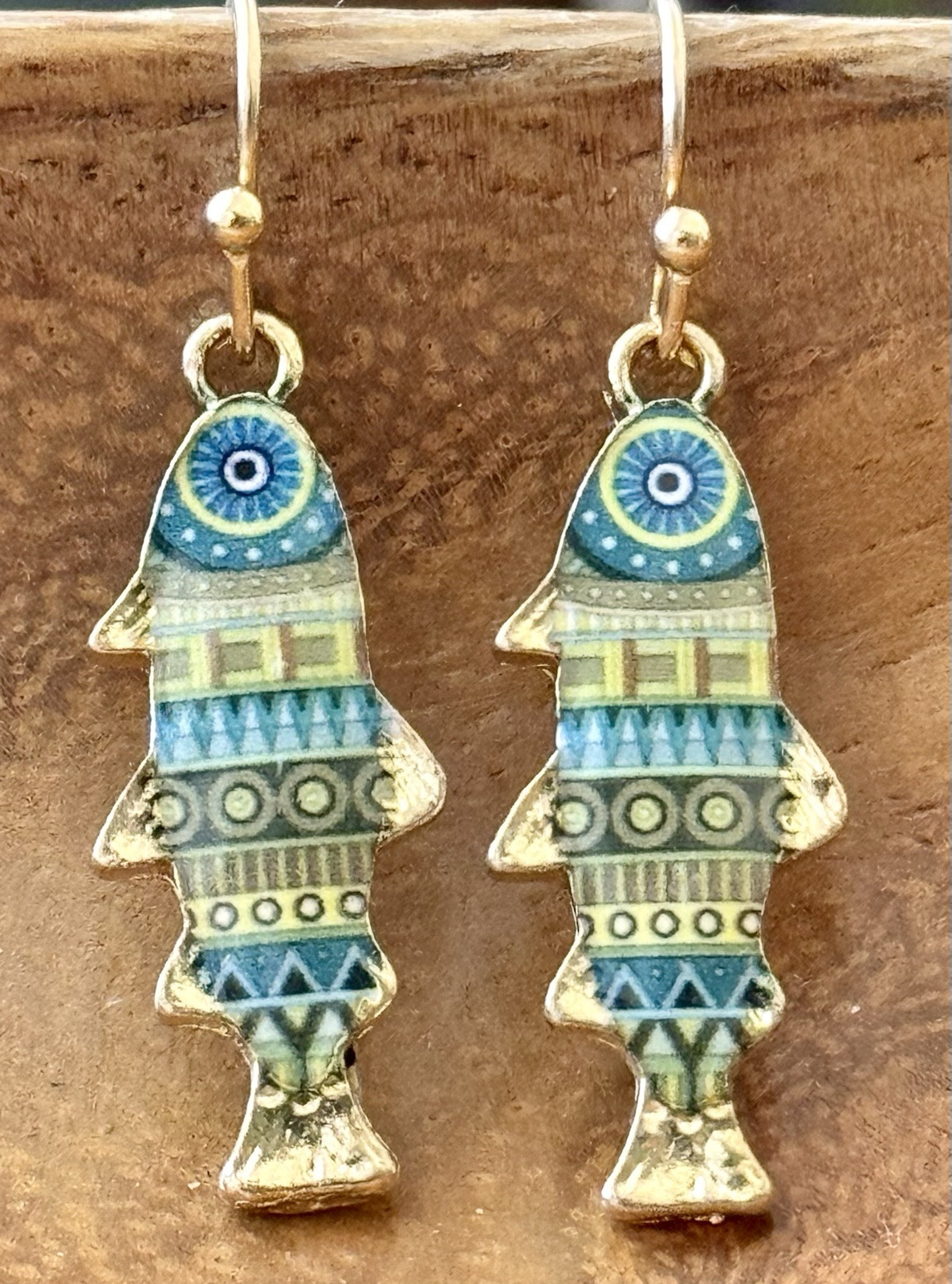 Gold and Blue Green Fish Dangle Earrings. Ocean. Sea. Beach. Tropical.