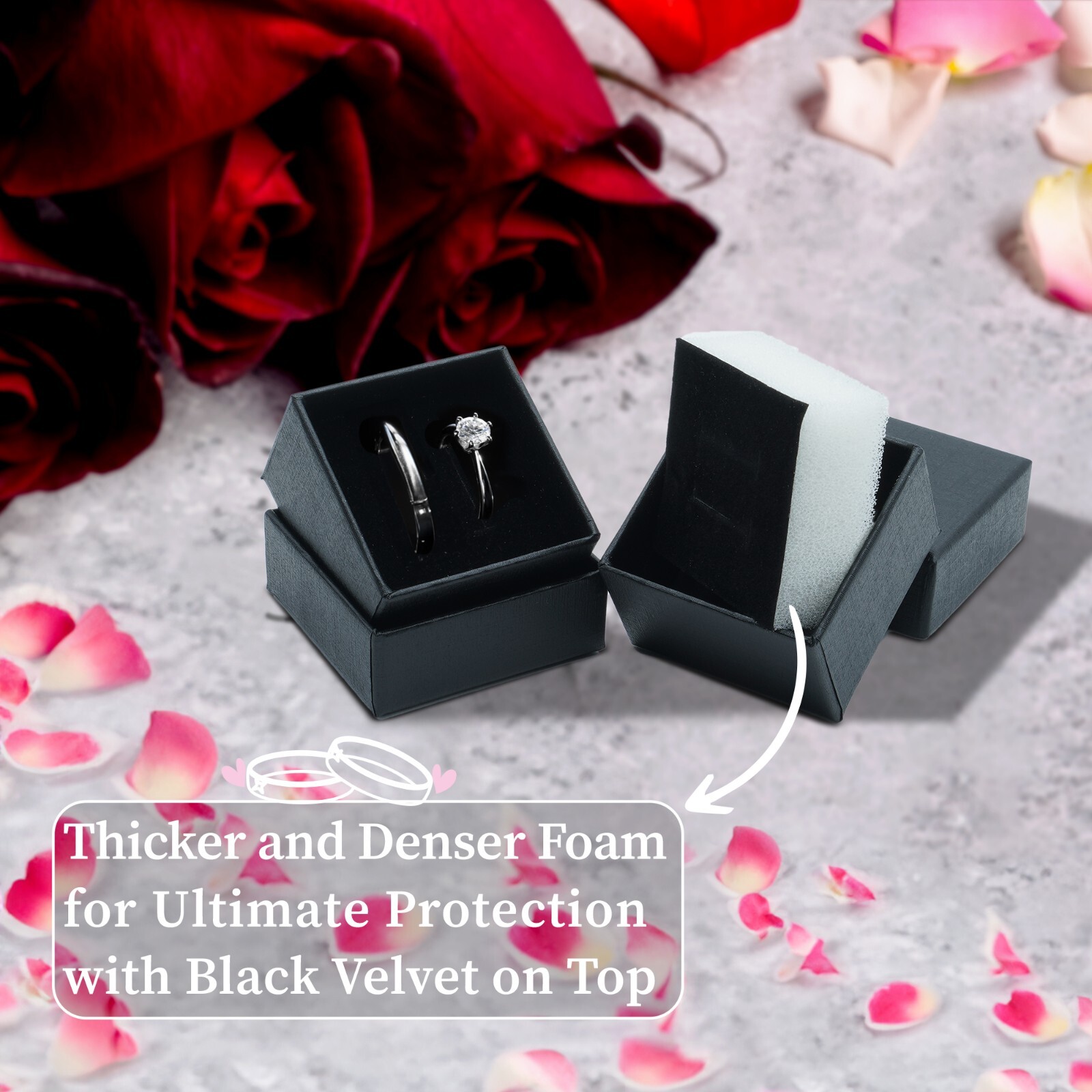 Wholesale Black Double Ring Gift Box with Foam and Velvet Insert 2 x 2 x 1.25 in