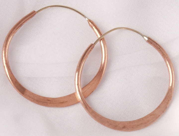 Hoop Earrings, Hand Hammered Copper, 1.25 Inch Hoops, Endless, Sterling Wires