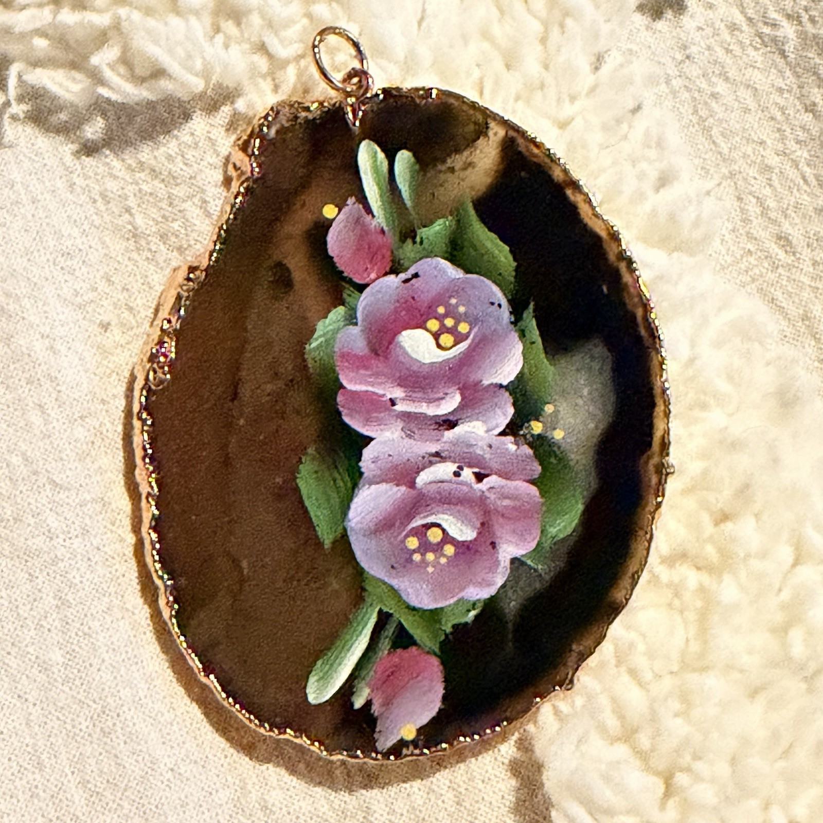 Hand Painted Polished Agate Slab Goldtone Purple Flowers Pendant Vtg 2.5”