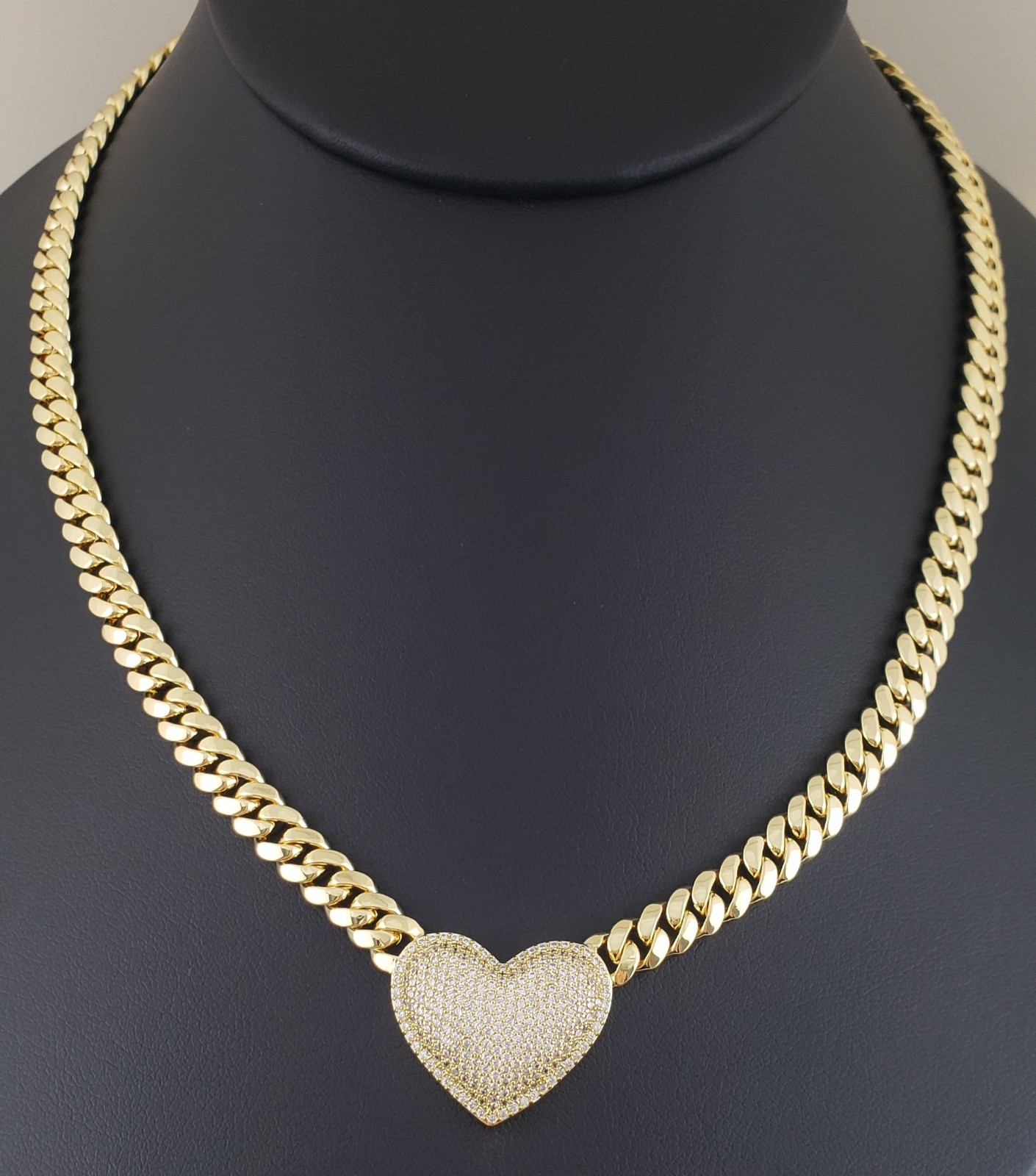 14K Gold Plated Cz Heart Cuban Choker Chain Necklace And Bracelet Set