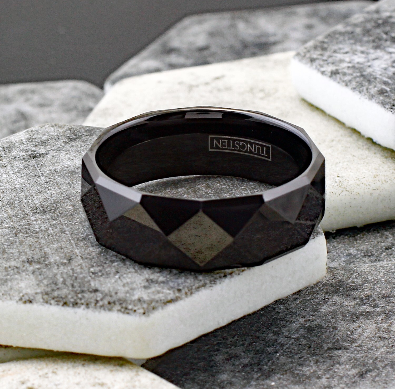 8mm Tungsten Carbide Black Multi-Faceted Wedding Band Ring Men’s Jewelry
