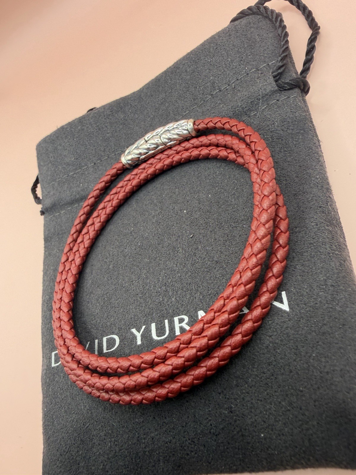 David Yurman Sterling Silver Leather Chevron Triple Red Wrap Bracelet Medium