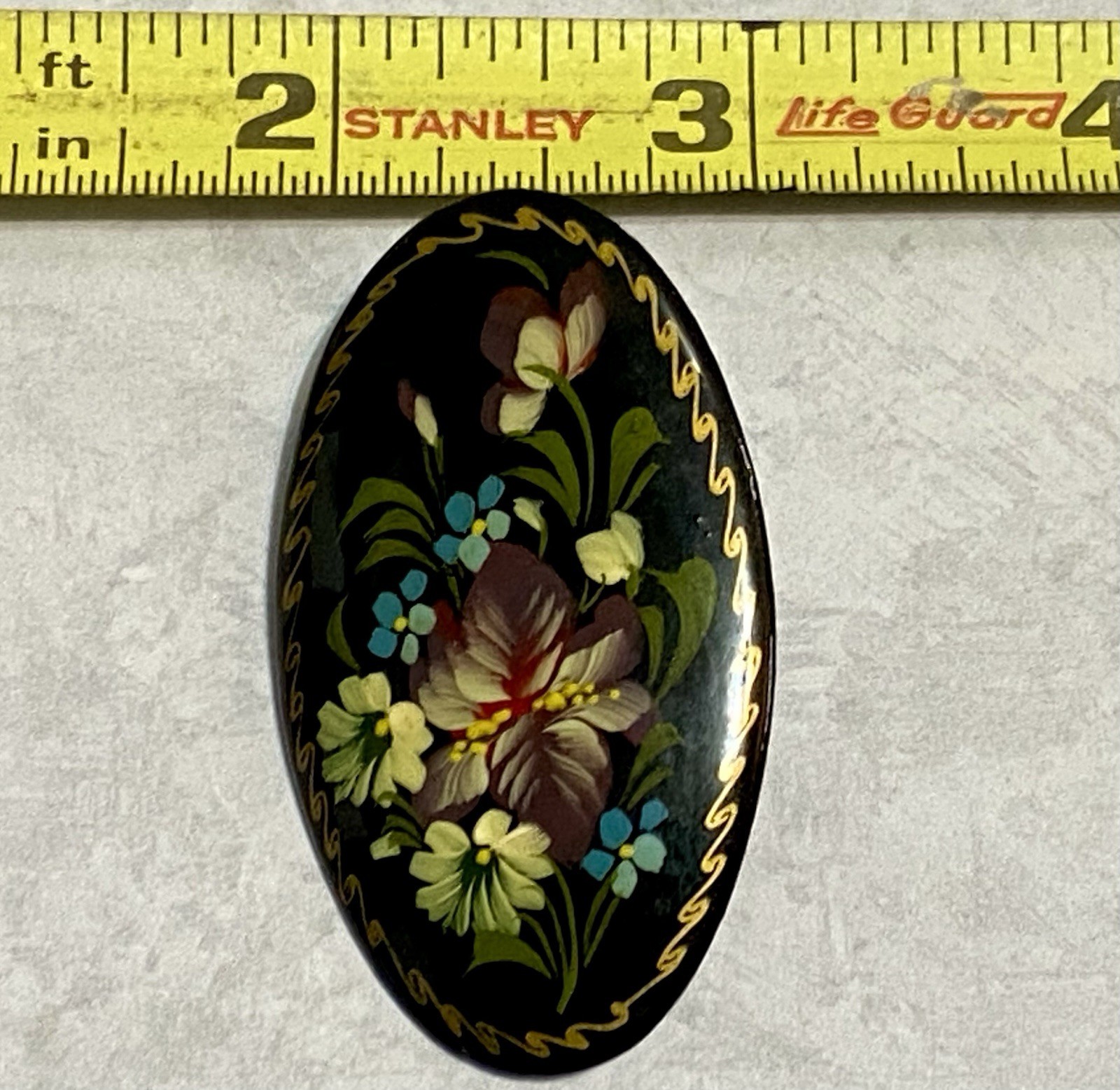Vintage Russian Brooch Hand Painted Black Lacquer Floral Pin Signed 2.25″