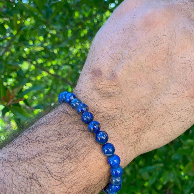 Men’s Bracelet Natural Lapis Lazuli 8mm Round Beads Healing Stretch 8IN Bracelet