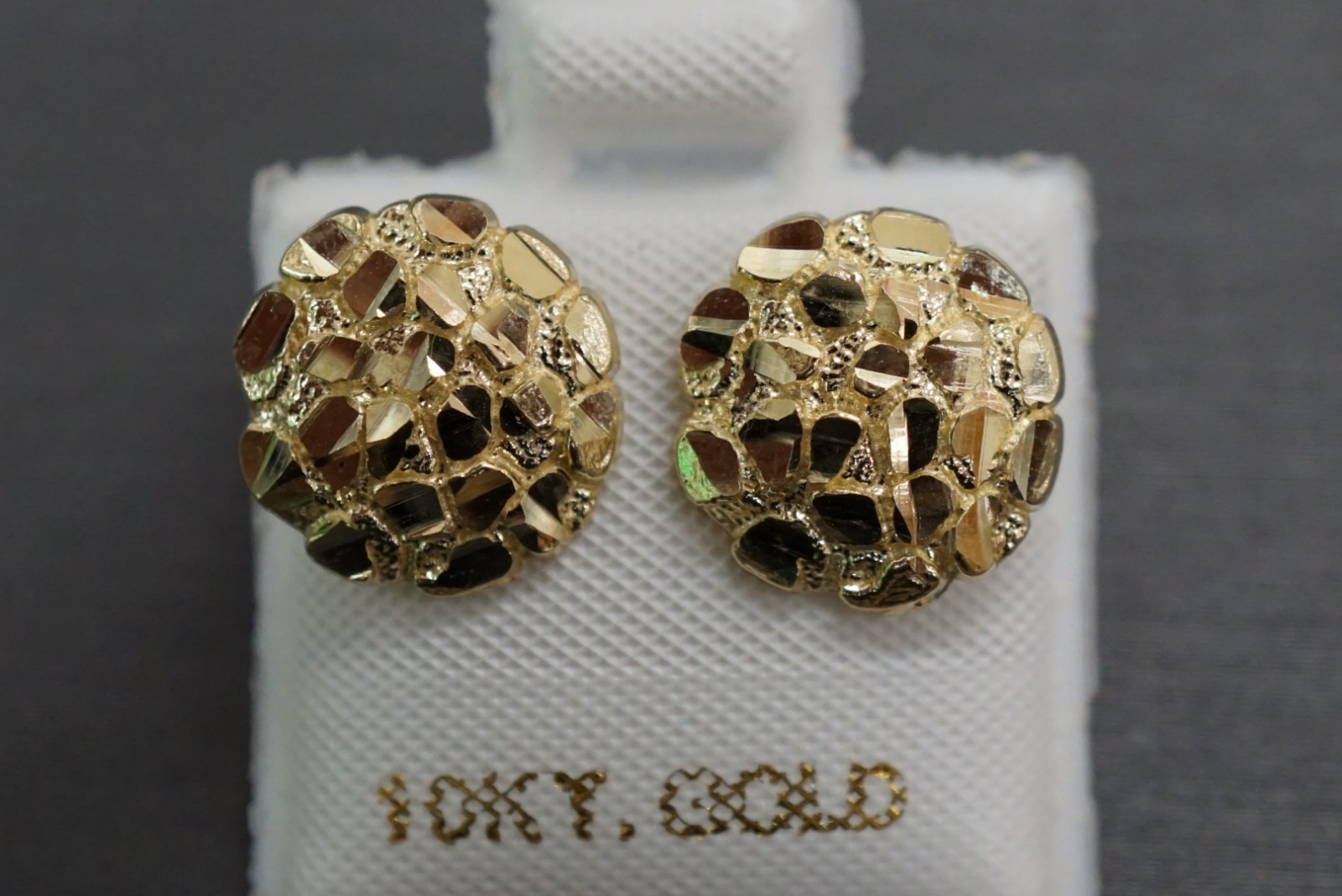 Real 10K Solid Yellow Gold 11.5MM Diamond Cut Round Nugget Stud Earrings.