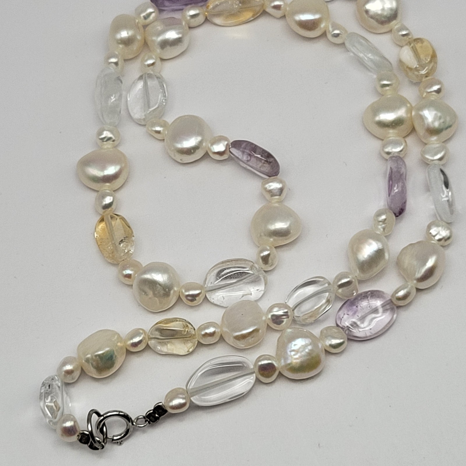 Sterling Silver Keshi Baroque Freshwater Pearl Amethyst Citrine Necklace ~ 16″