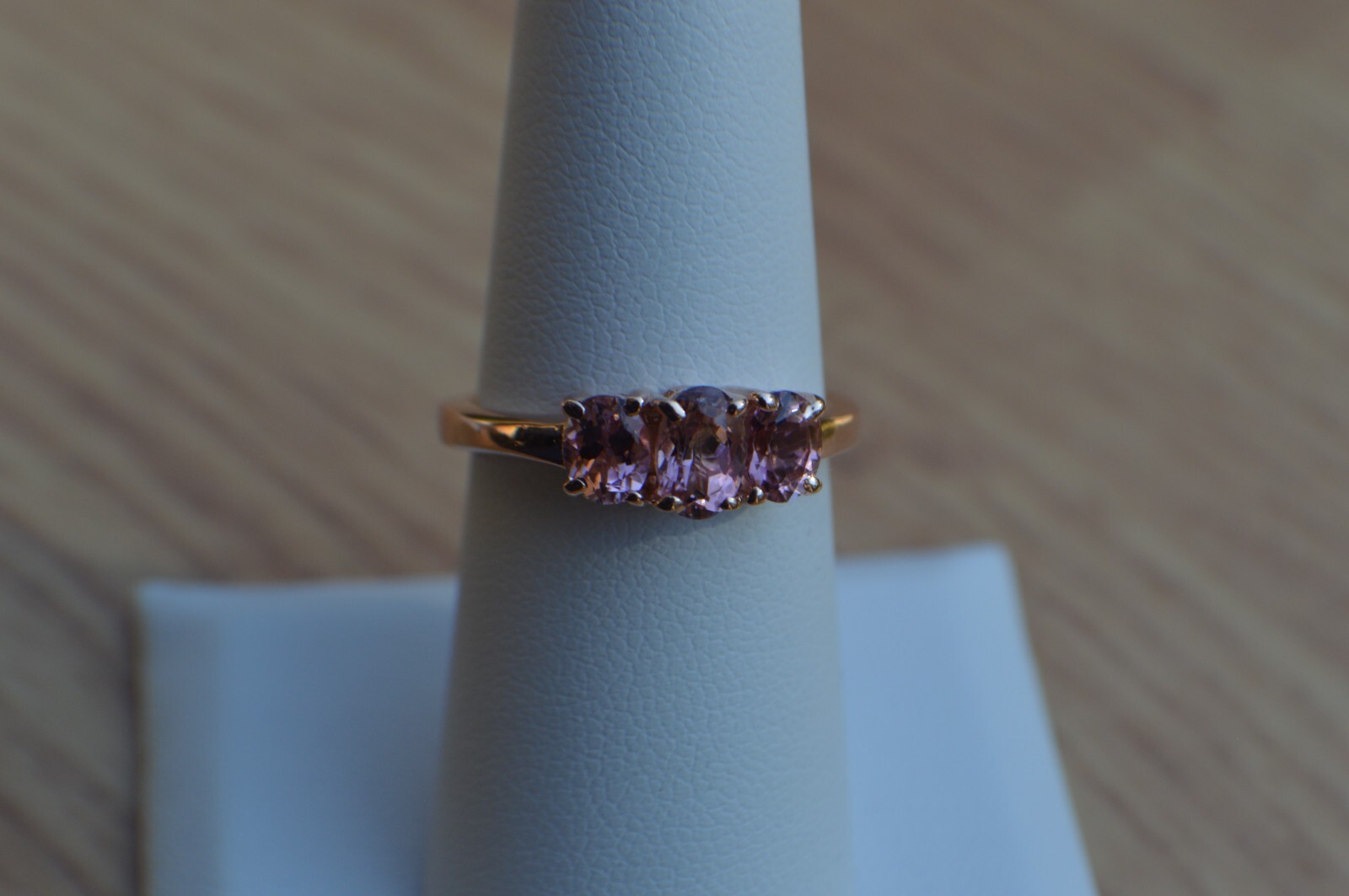 1.35ct Blush Tourmaline Three Stone Ring 18K Rose Gold over Fine Silver Size 7