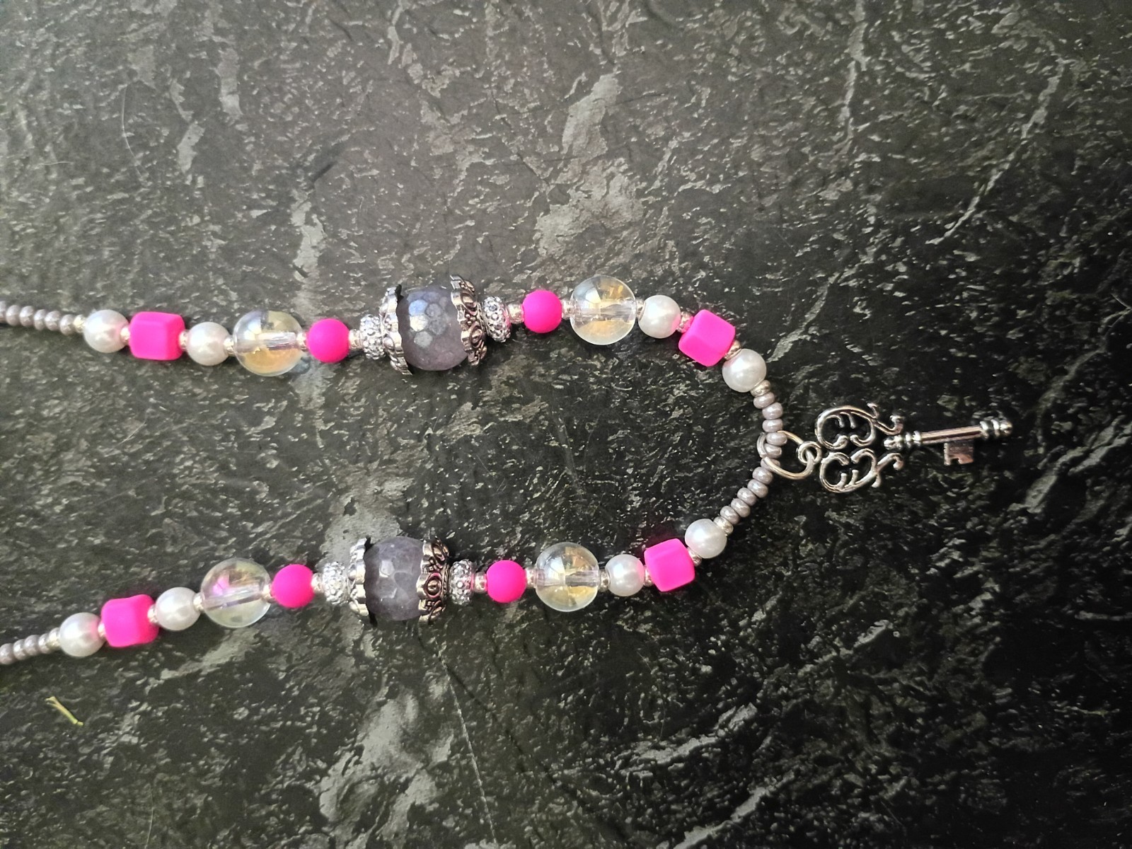 Handmade Beaded Key Charm Necklace Toggle Closure Pink Silver Clear Black Bead