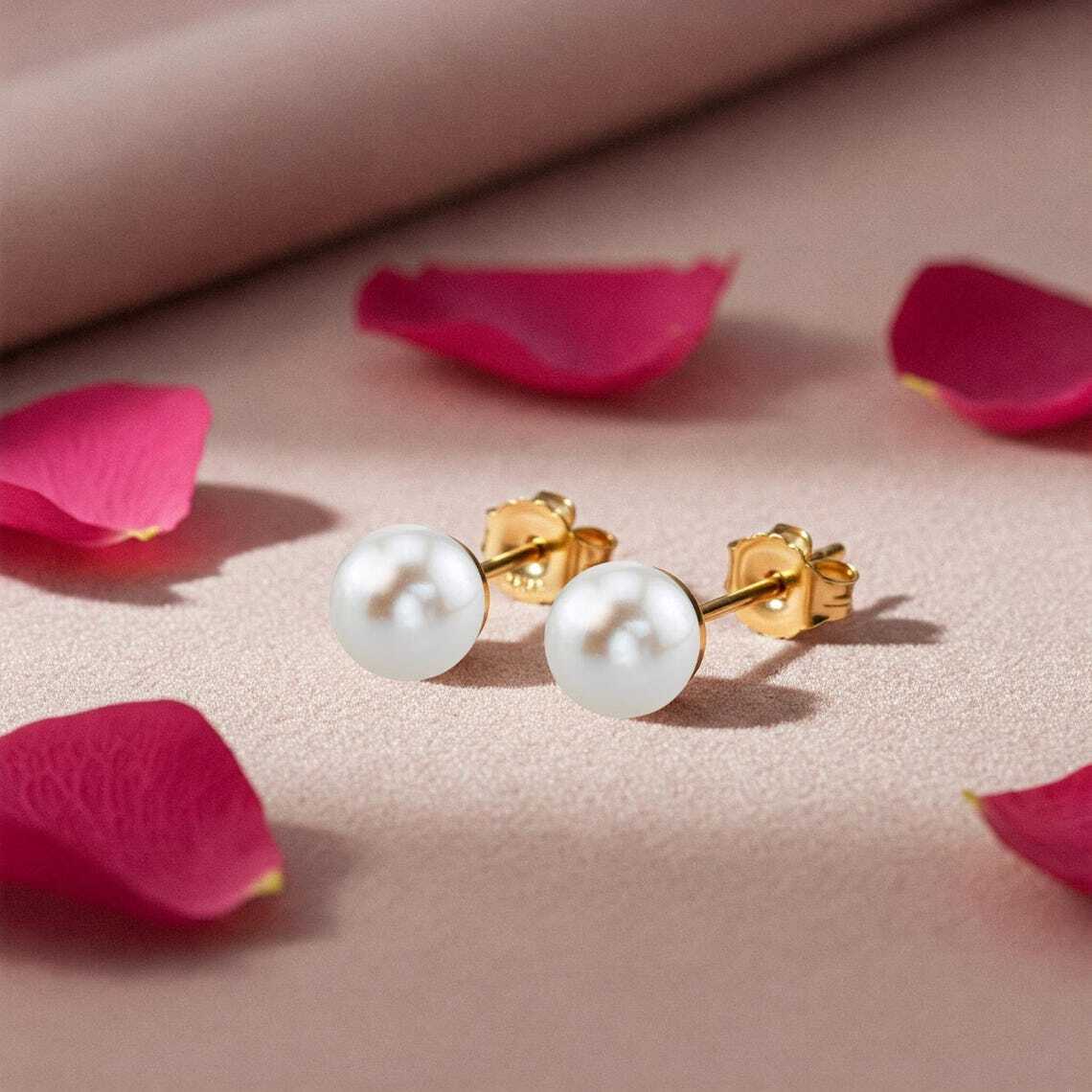 14K Real Solid Yellow Gold 7mm Freshwater Pearl Sleeper Studs Earrings Push-back