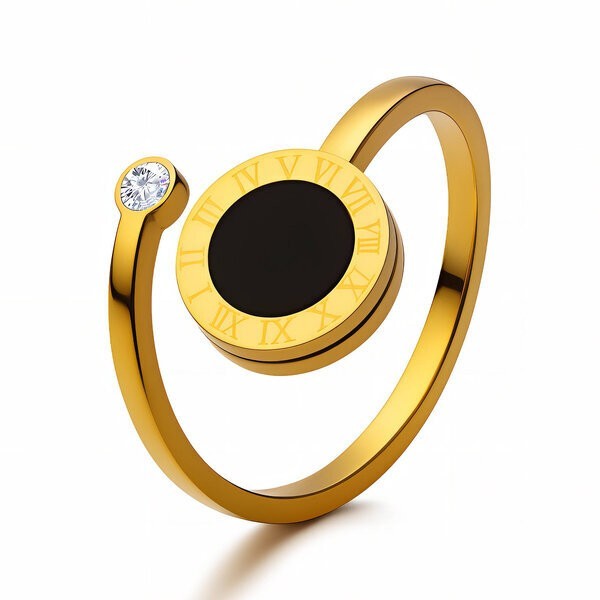 18K Gold Plated Roman Numeral Spinner Ring Adjustable Stainless Steel CZ Women