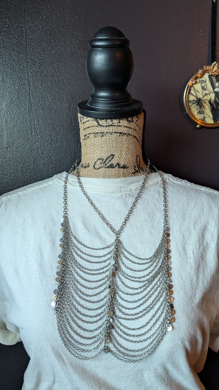 Silver Tone Layered Cable Chain Fringe Statement Necklace, Asymmetrical Pendant