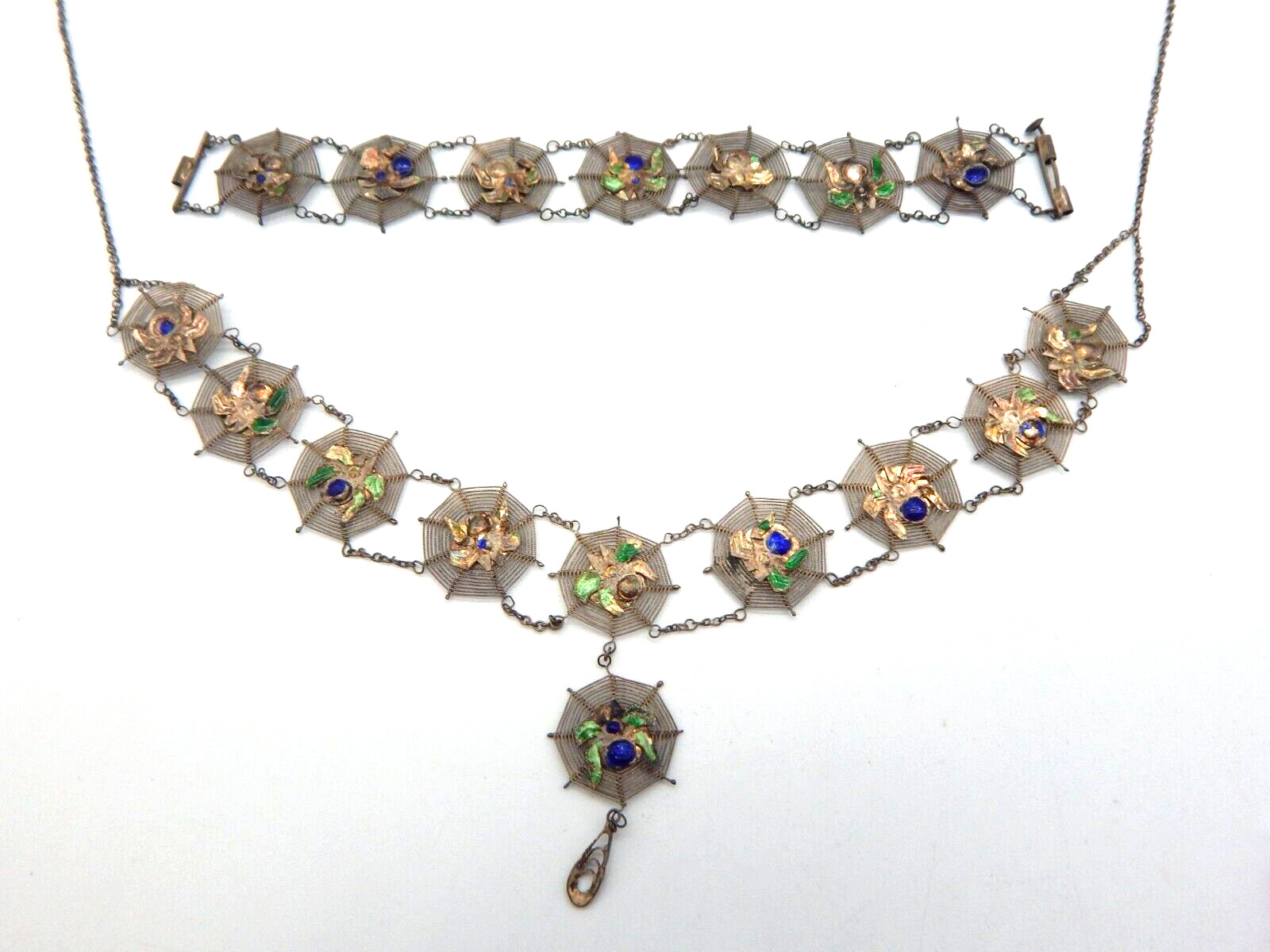 VTG 1940s Asian Silver Spiders on Spider Webs Necklace and Bracelet Set (CF110)
