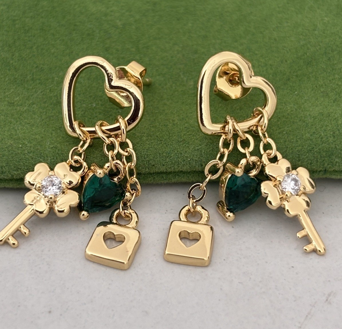 Gold Plated Heart Dangle Earrings Green CZ Heart Clover Key Heart Lock Stud Gift