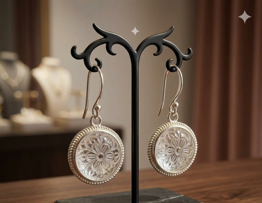 solid 925 Sterling Silver Clear Quartz carved flower dangle drop earrings