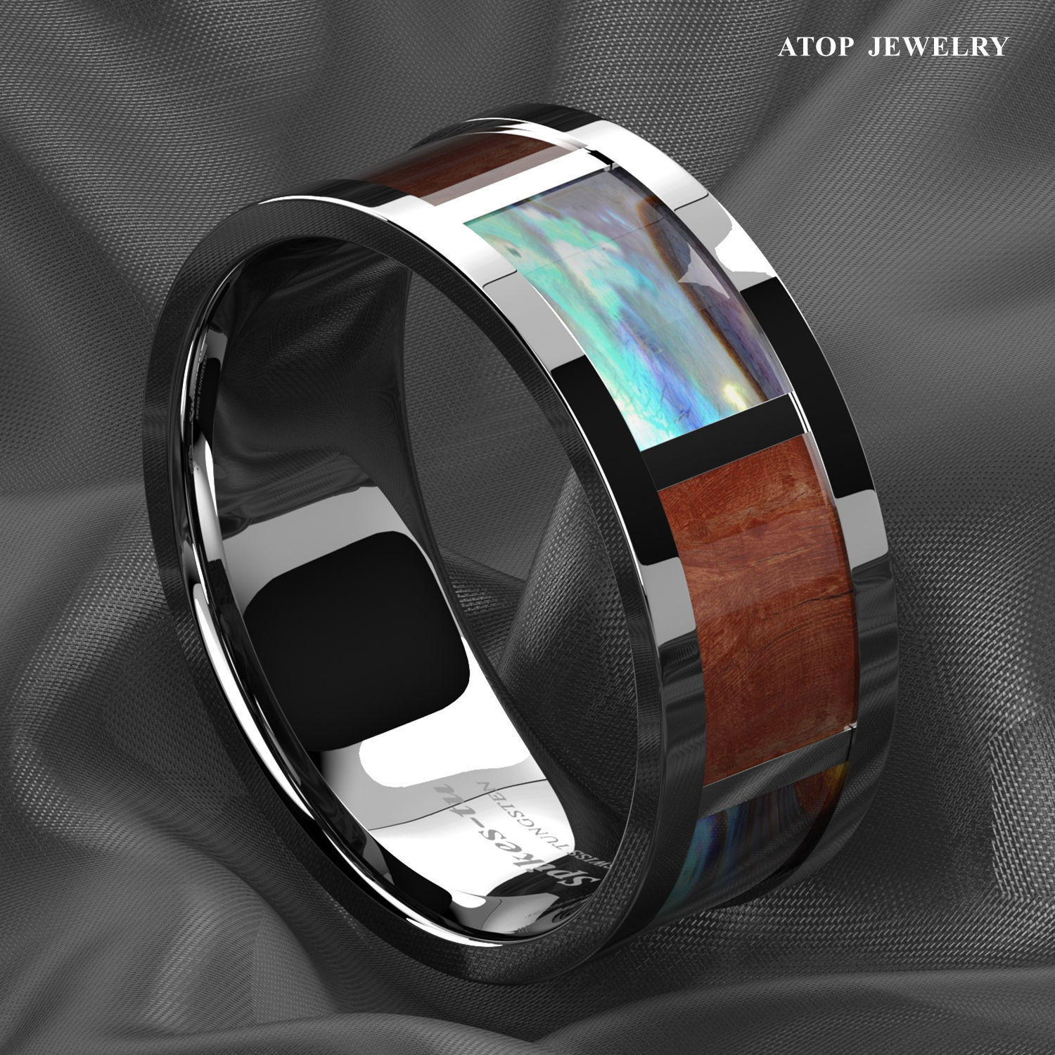 ATOP Men Silver Tungsten Wedding Ring Real Wood Abalone Shell for Beach Memories