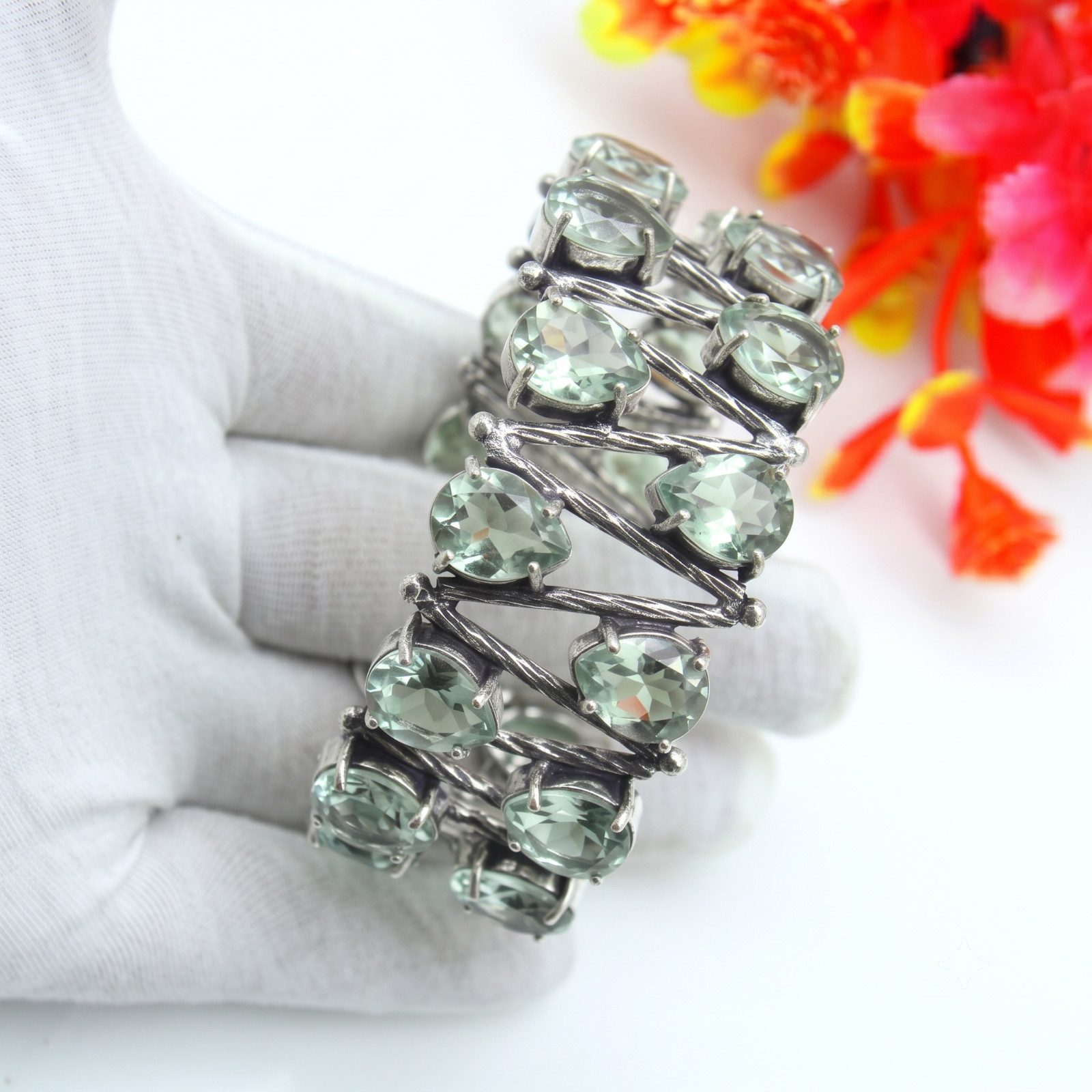 Green Amethyst Gemstone Handmade 925 Sterling Silver Cuff Bracelet Jewelry 8″