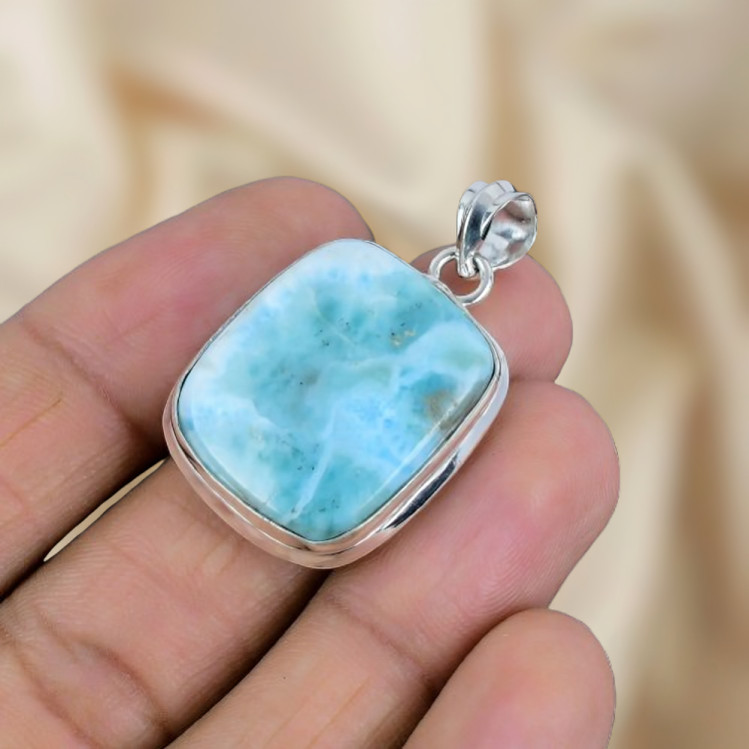 Natural Larimar Gemstone Silver Pendant 925 Sterling Silver Jewelry Pendant