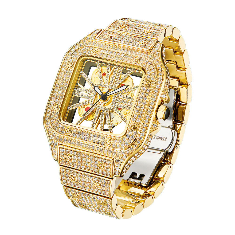 White Gold Hollow Dial Iced Out Watch For Men Hip Hop Quartz Stainless Steel