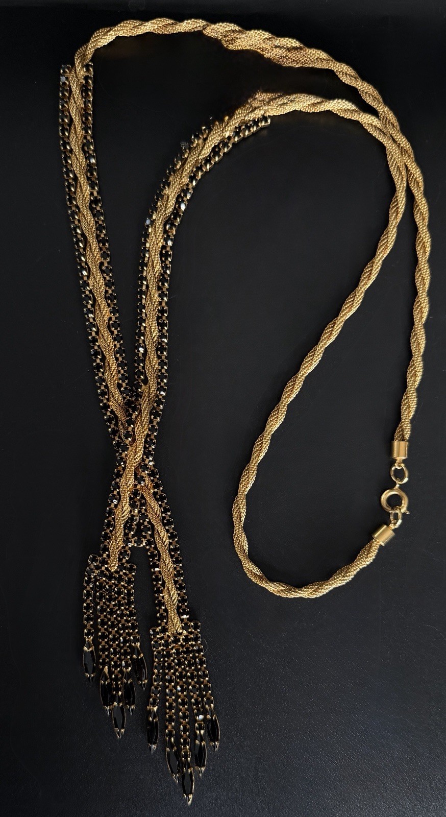 Vtg 50’s 60’s Fixed Lariat Waterfall Necklace Gold Mesh Black Rhinestone Tassel!