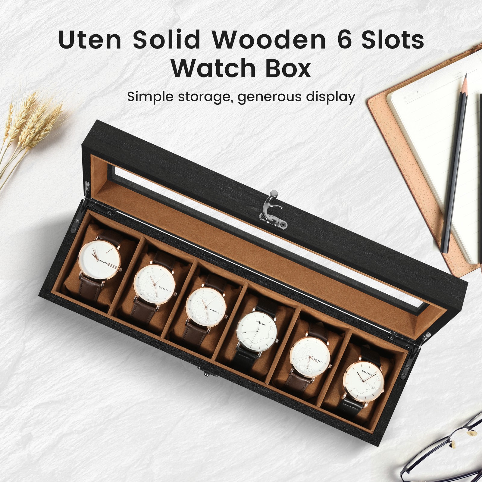 6 Slots Watch Box Solid Wood Watch Case with Clear Top Storage Display Case Gift