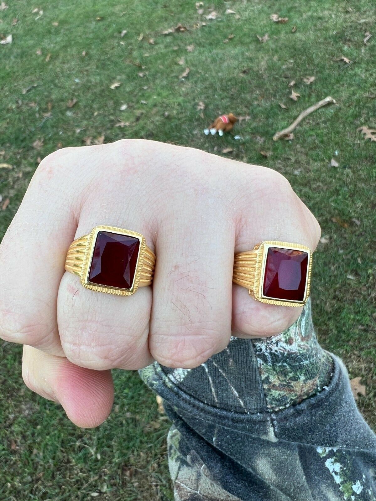 Mens Real 14k Gold Vermeil Over Solid 925 Silver Red Stone Ring Hip Hop Ice