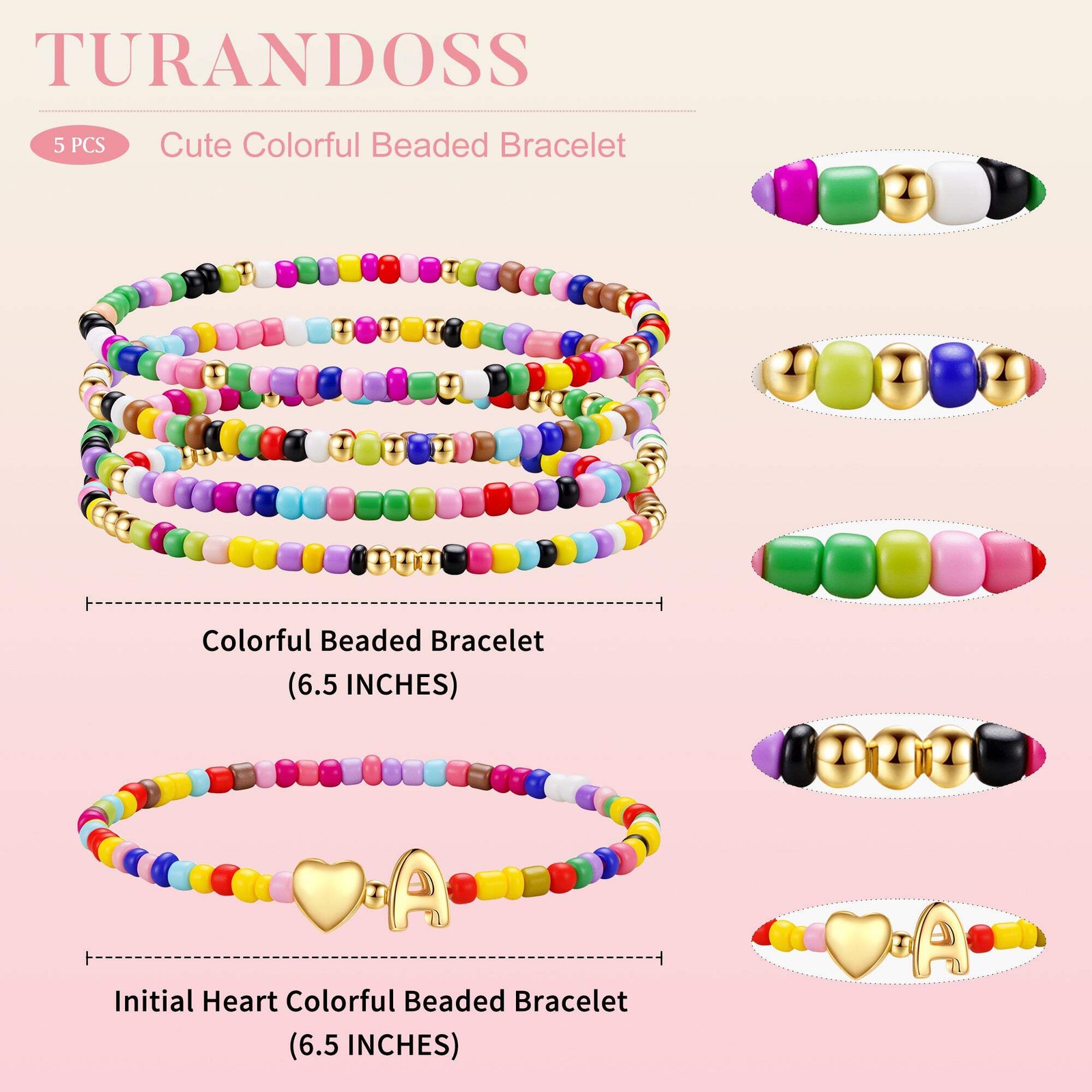 Turandoss 5PCS Gold Beaded Heart Initial Bracelets for Women Girls Gifts, 6.5In