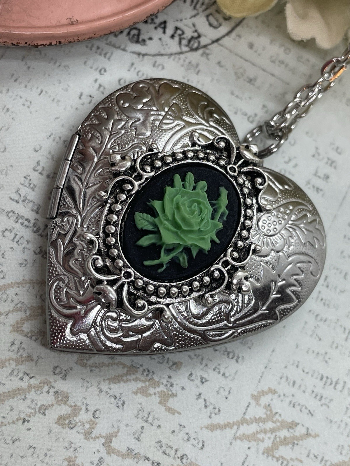 Heart Silver Locket Green Rose Gothic Black Necklace Photo Bride bridal wedding