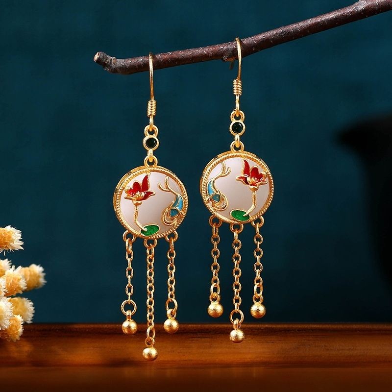 Traditional Gold-Plated Enamel Peace Lock Earrings with Tassels Chinese Style-