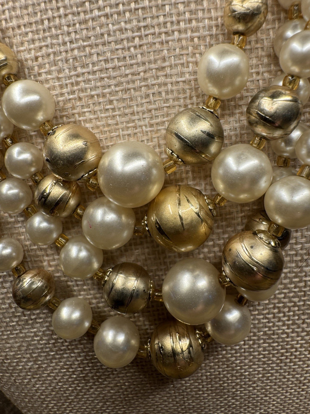 Vintage Multi-Strand Ivory Imitation Pearl & Gold Bead Necklace w Hook c1950s
