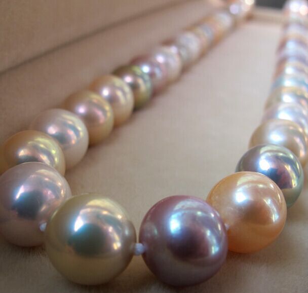 Hug17″12-15mm Natural South Sea Genuine Golden Pink Purple Round Pearl Necklace