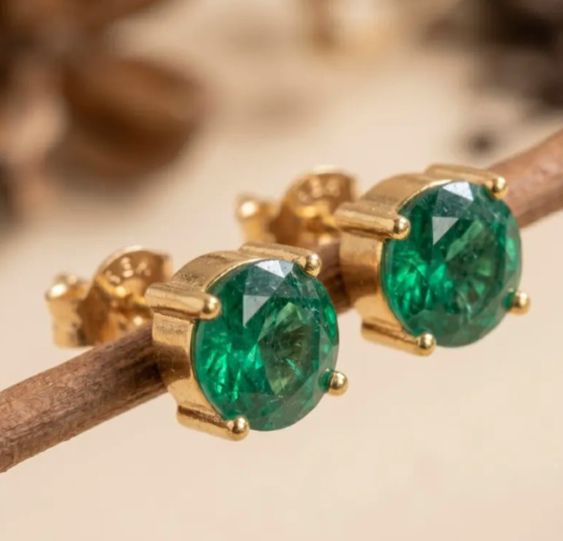 Natural Emerald 4Ct Round Cut Solitaire Stud Earring 14k White Gold Plated