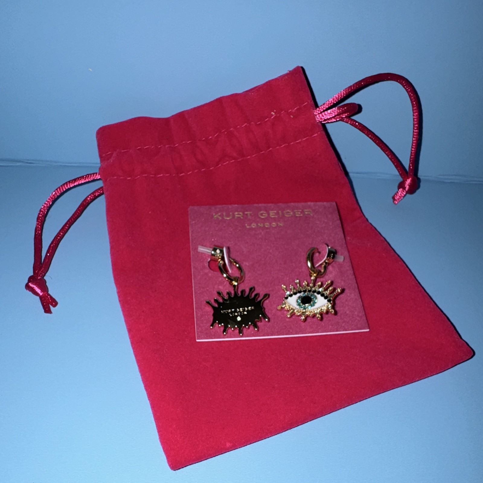 Kurt Geiger Evil Eye Asymmetrical Hoop Drop Earrings Crystal Pavé Gold Tone